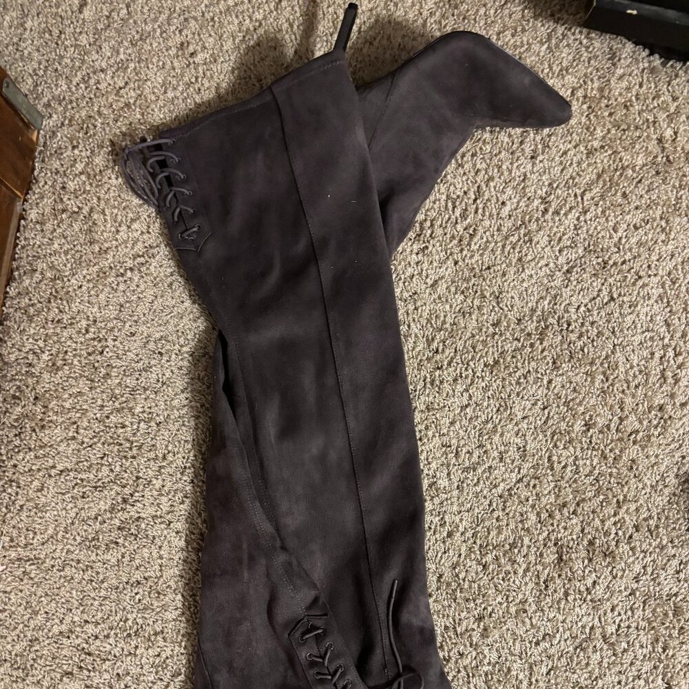 H & M Thigh High Suede Boots, charcoal color, Excellent Condition
